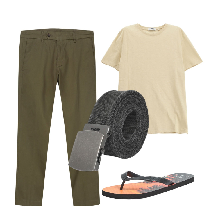Outfit uomo - Chi ha una vita. Stile Casual per Tutti i giorni. Abbinamento con sandali, cinture, t-shirt, pantaloni chino.