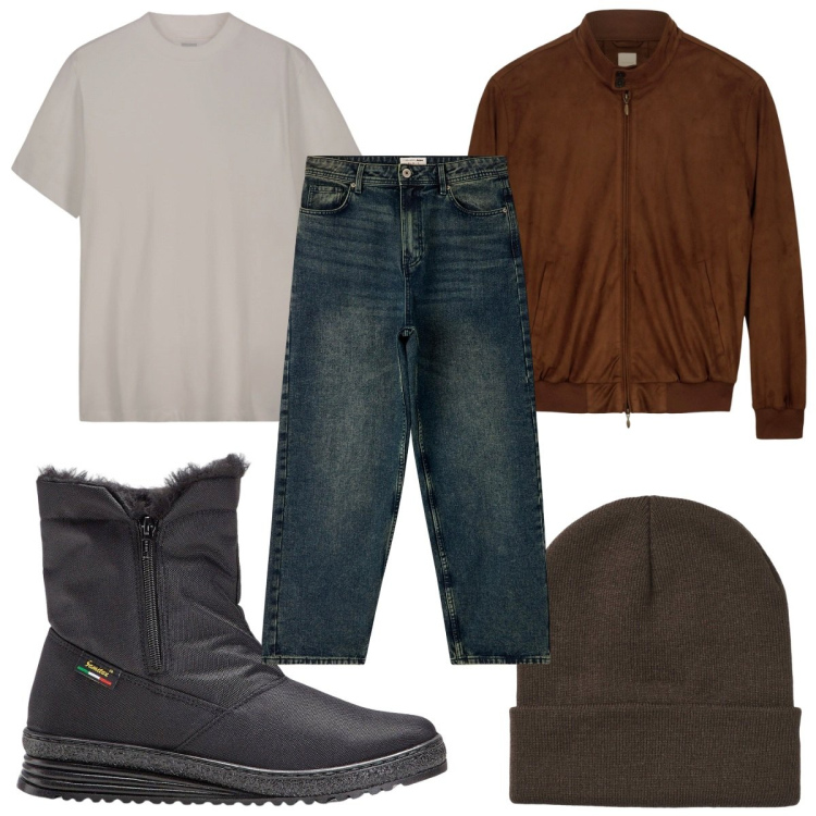 Outfit uomo - Total look #2236008. Stile Casual per Tutti i giorni. Abbinamento con stivali e stivaletti, berretti, jeans, giacche, t-shirt.