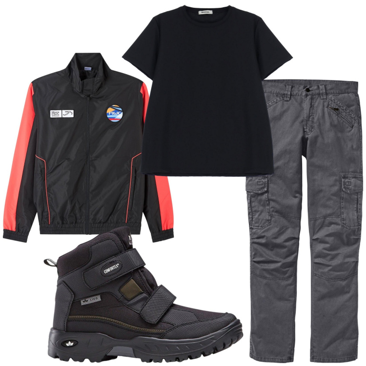 Outfit uomo - Total look #2236012. Stile Casual per Tutti i giorni. Abbinamento con pantaloni cargo, stivali e stivaletti, giacche, t-shirt.