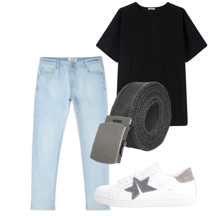Outfit uomo - City city. Stile Casual per Tutti i giorni. Abbinamento con jeans skinny, cinture, sneakers, t-shirt.