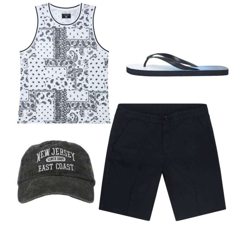 Outfit uomo - Total look #2236019. Stile Casual per Tutti i giorni. Abbinamento con sandali, canottiere, cappelli con visiera, bermuda.