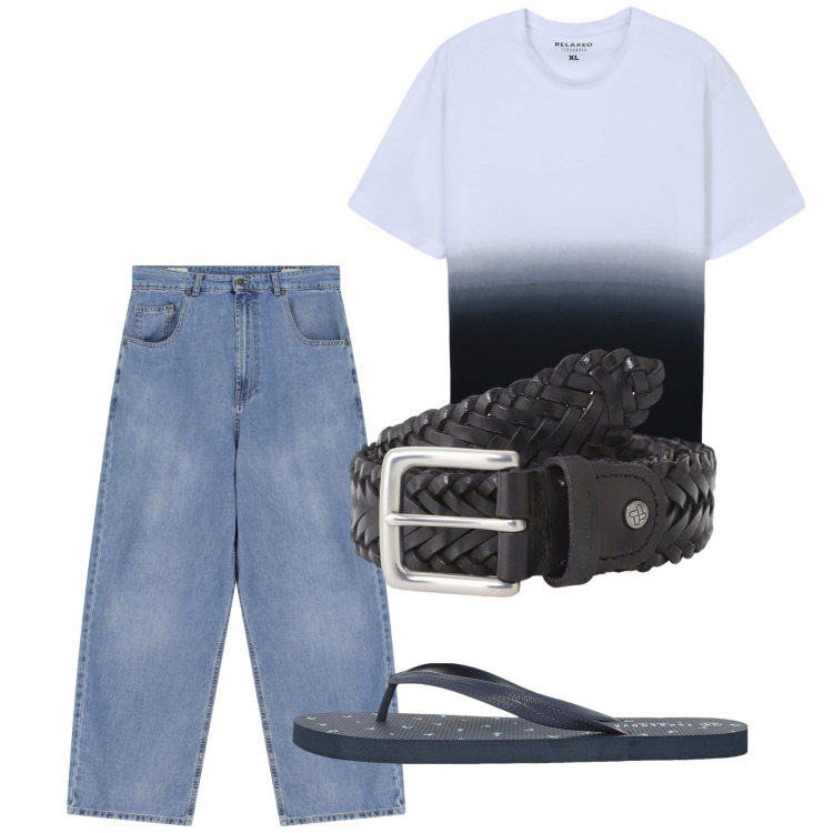 Outfit uomo - Agosto. Stile Casual per Tutti i giorni. Abbinamento con sandali, t-shirt, jeans, cinture.