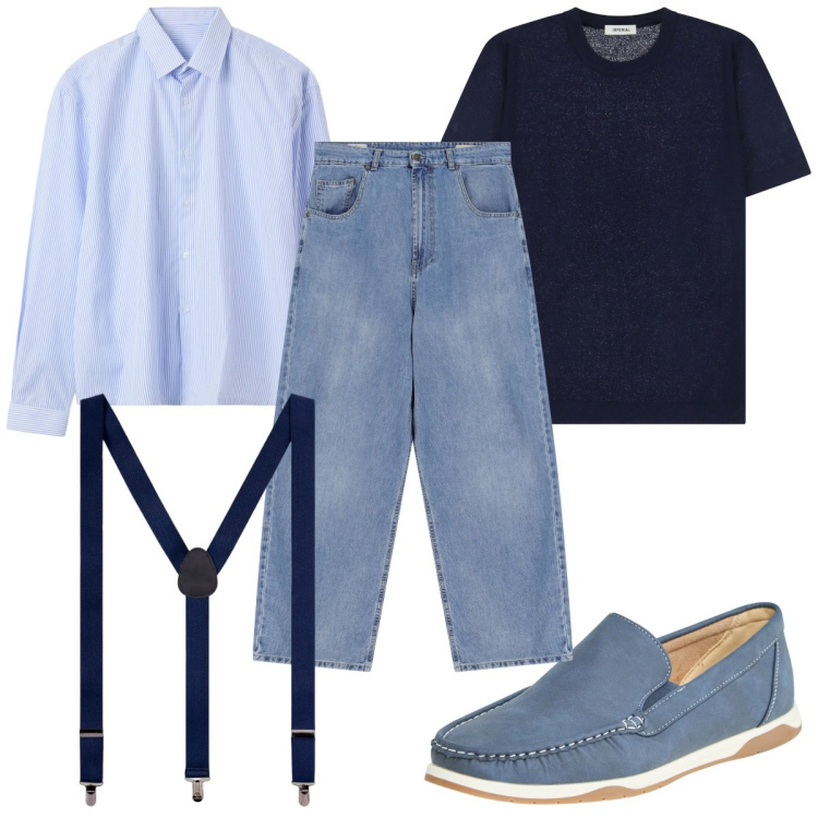 Outfit uomo - Total look #2236022. Stile Trendy per Tutti i giorni. Abbinamento con scarpe stringate, camicie, jeans, maglieria, bretelle.