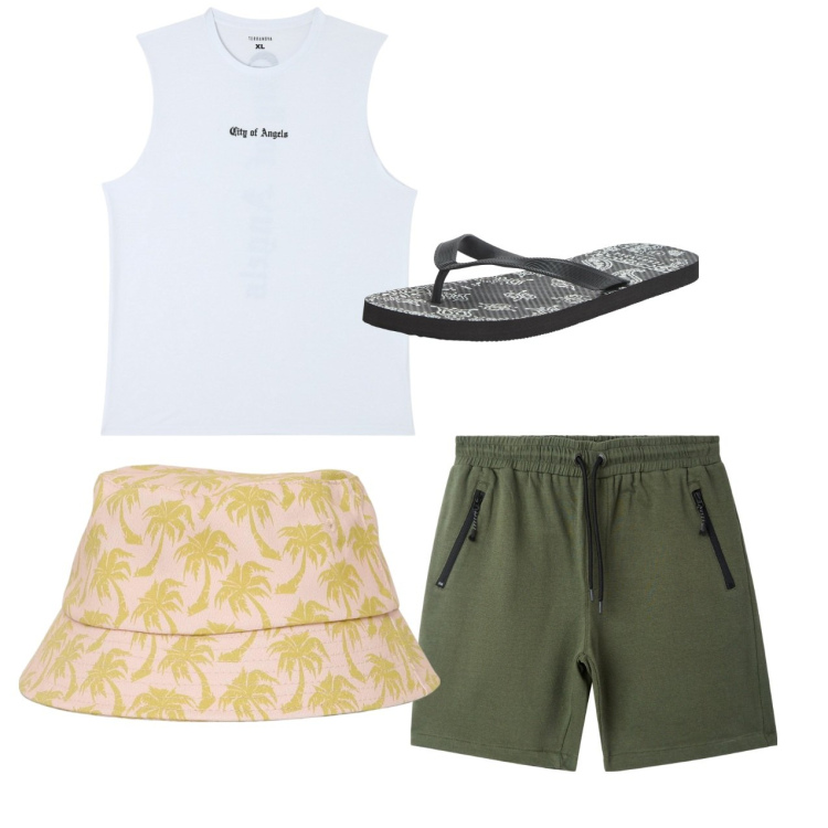 Outfit uomo - Total look #2236024. Stile Casual per Tutti i giorni. Abbinamento con canottiere, sandali, cappelli con visiera, bermuda.