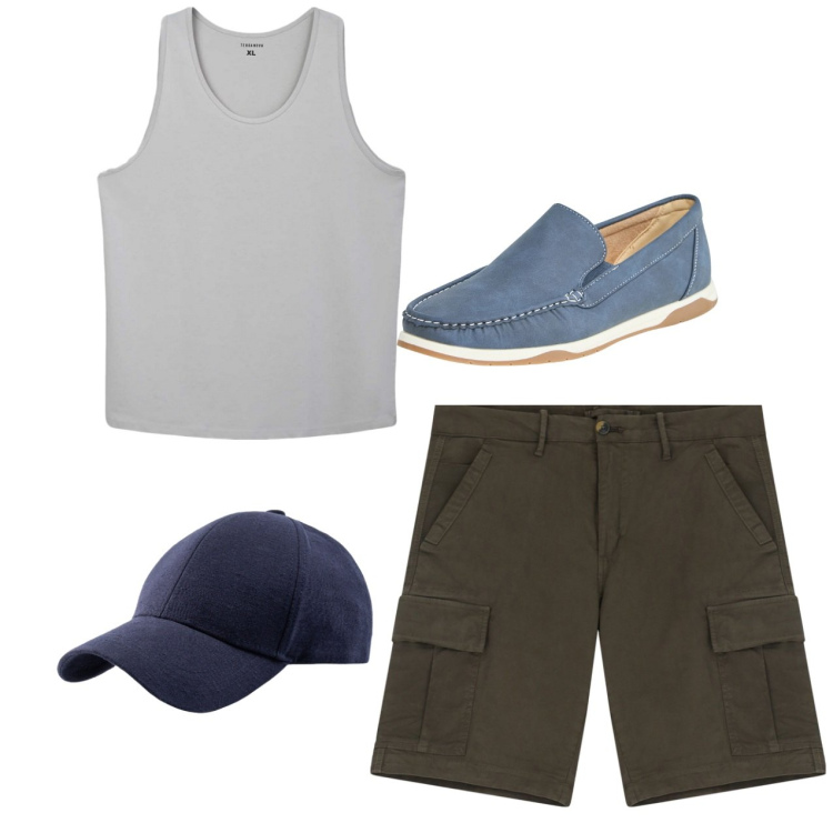 Outfit uomo - Total look #2236027. Stile Casual per Tutti i giorni. Abbinamento con scarpe stringate, canottiere, bermuda, cappelli con visiera.