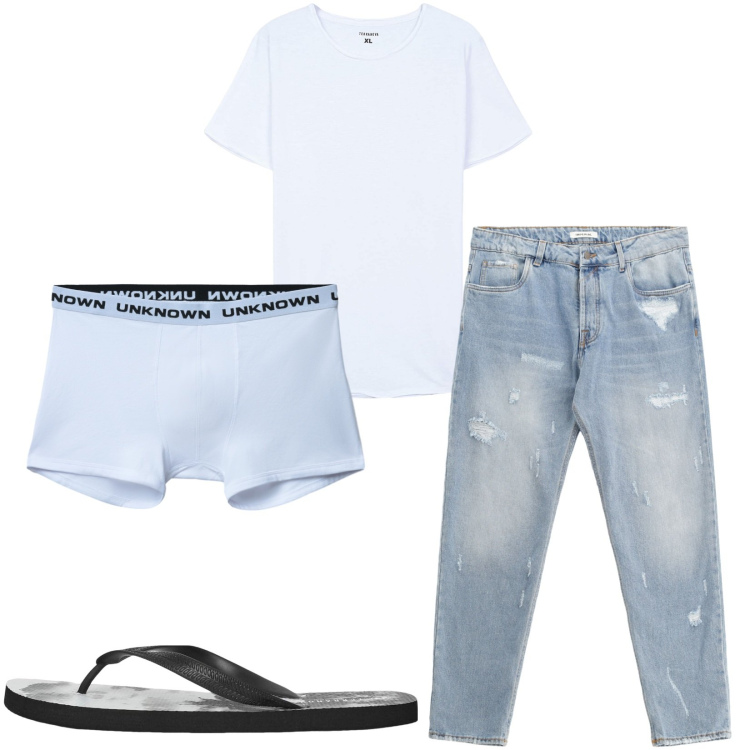 Outfit uomo - Total look #2236037. Stile Casual per Mare. Abbinamento con t-shirt, sandali, boxer, jeans strappati.
