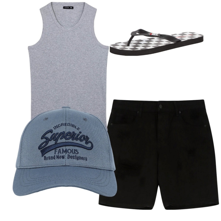 Outfit uomo - Total look #2236039. Stile Casual per Tutti i giorni. Abbinamento con sandali, cappelli con visiera, canottiere, bermuda.