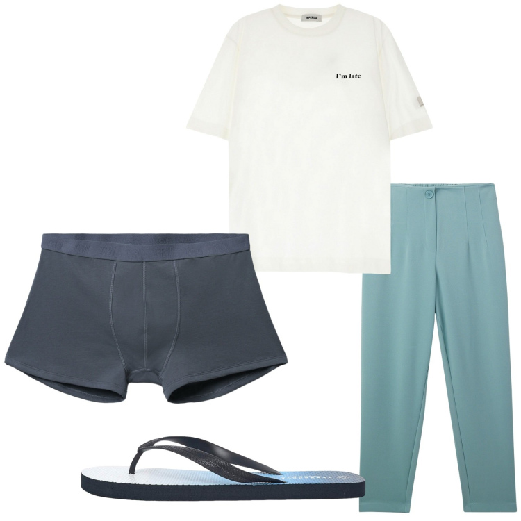 Outfit uomo - Total look #2236040. Stile Casual per Tutti i giorni. Abbinamento con pantaloni chino, sandali, boxer, t-shirt.