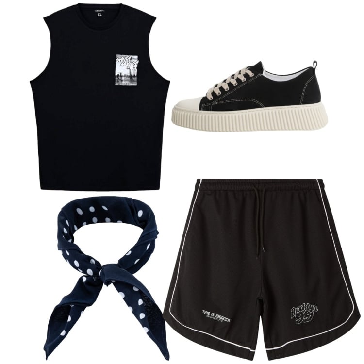 Outfit uomo - Total look #2236042. Stile Urban per Tutti i giorni. Abbinamento con canottiere, bermuda, sneakers, sciarpe e foulard.