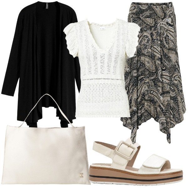 Outfit donna - Back to style: il rientro con stile. Stile Casual chic per Ufficio. Abbinamento con cardigans, gonne longuette, sandali, bluse, borse a spalla.
