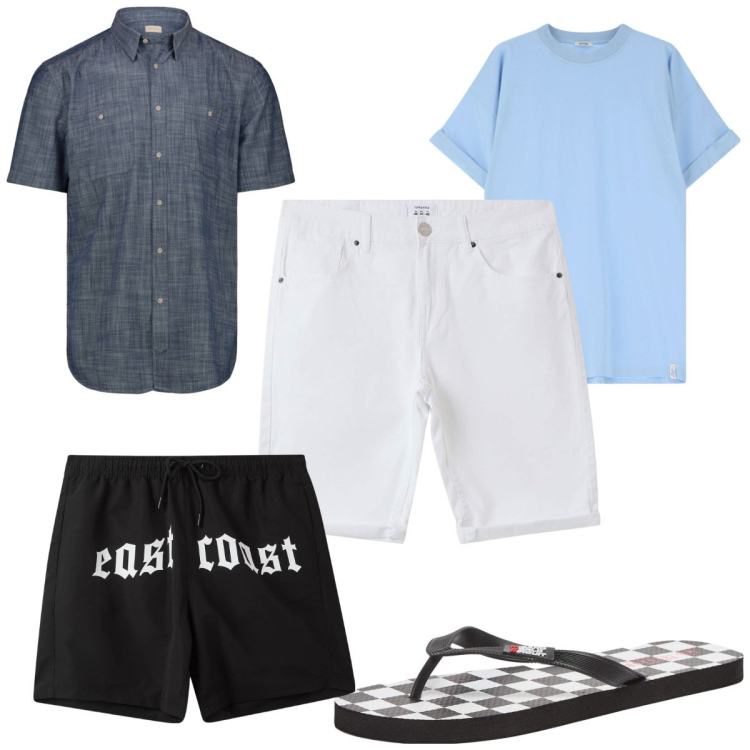 Outfit uomo - Total look #2236048. Stile Trendy per Mare. Abbinamento con sandali, bermuda, costumi, t-shirt, camicie a manica corta.