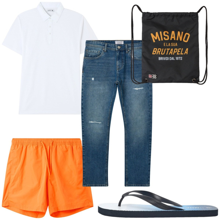 Outfit uomo - Total look #2236057. Stile Trendy per Mare. Abbinamento con borse sportive, polo, sandali, costumi, jeans strappati.