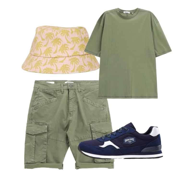 Outfit uomo - Chi ha una vita. Stile Casual per Tutti i giorni. Abbinamento con sneakers, cappelli con visiera, bermuda, t-shirt.