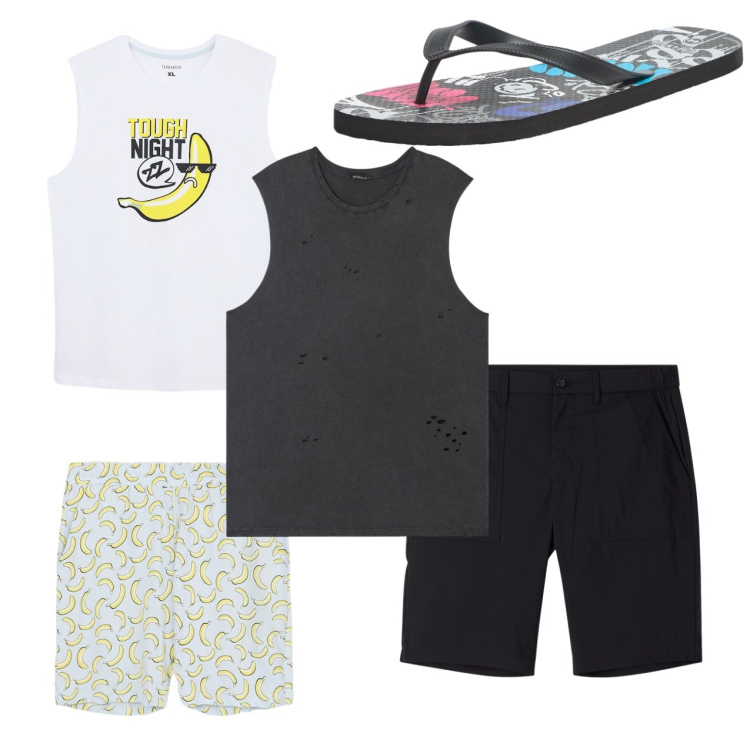 Outfit uomo - Total look #2236061. Stile Casual per Tutti i giorni. Abbinamento con sandali, canottiere, pantaloni corti, abbigliamento da notte.