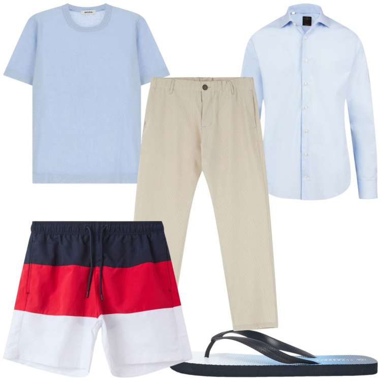 Outfit uomo - Total look #2236063. Stile Casual per Mare. Abbinamento con sandali, costumi, pantaloni, maglieria, camicie.