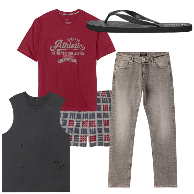 Outfit uomo - Total look #2236082. Stile Casual per Tutti i giorni. Abbinamento con abbigliamento da notte, sandali, jeans, canottiere.