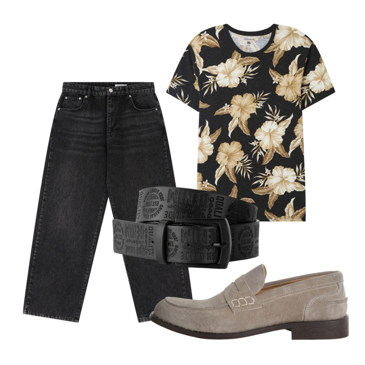Outfit uomo - Chi ha una vita. Stile Casual per Serata speciale. Abbinamento con cinture, t-shirt, jeans dritti, scarpe stringate.