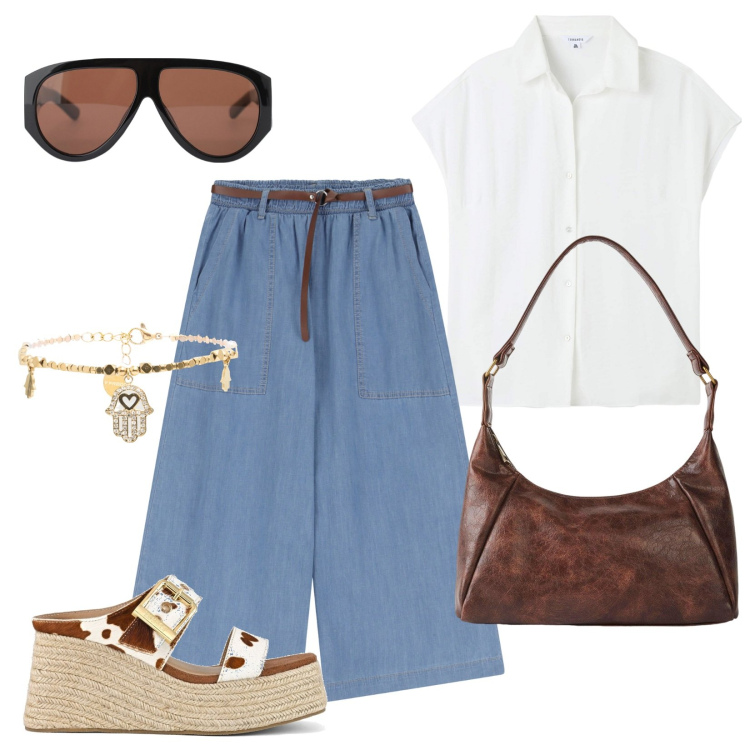 Outfit donna - Irrinunciabile camicia bianca. Stile Casual per Tutti i giorni. Abbinamento con borse a mano, camicie, jeans, occhiali da sole, braccialetti, zeppe.