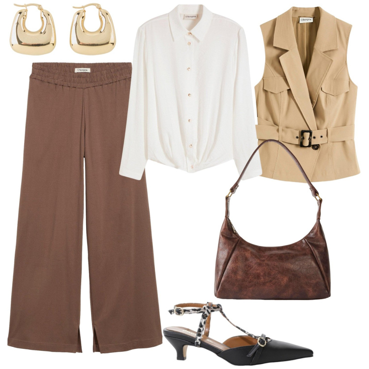 Outfit donna - Back to style. Stile Chic per Tutti i giorni. Abbinamento con gilet, pantaloni, camicie, borse a mano, orecchini, décolleté.