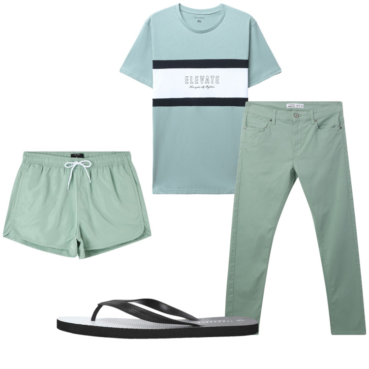 Outfit uomo - Total look #2236107. Stile Casual per Mare. Abbinamento con costumi, pantaloni skinny, sandali, t-shirt.