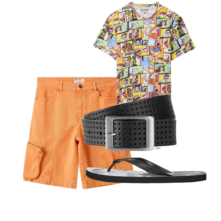 Outfit uomo - Chi ha una vita. Stile Casual per Tutti i giorni. Abbinamento con cinture, pantaloni corti, sandali, t-shirt.