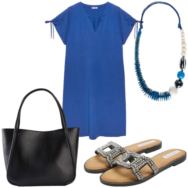 Outfit donna - Total look #2236118. Stile Casual per Tutti i giorni. Abbinamento con shopping bag, ciabatte, vestiti midi/longuette, collane.