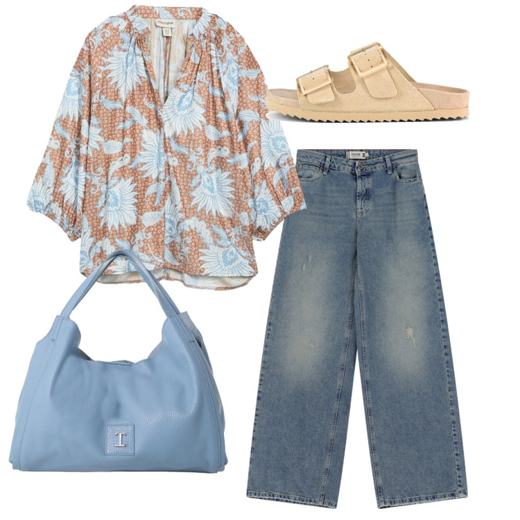 Outfit donna - City. Stile Casual chic per Tutti i giorni. Abbinamento con bluse, jeans, pochette, sandali.
