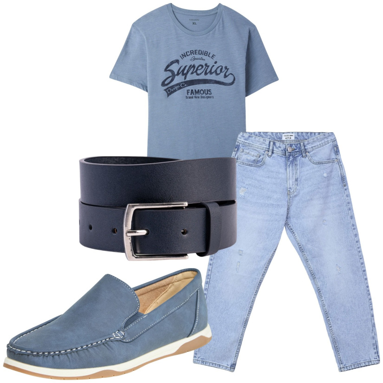 Outfit uomo - Total look #2236123. Stile Casual per Tutti i giorni. Abbinamento con scarpe stringate, t-shirt, jeans strappati, cinture.