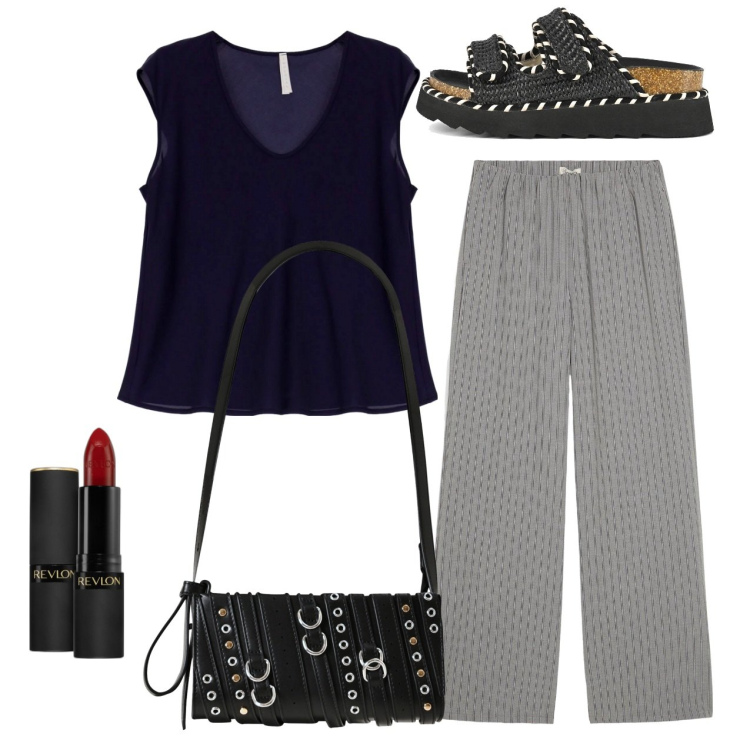 Outfit donna - City. Stile Bon Ton per Tutti i giorni. Abbinamento con pantaloni, rossetti, borse a spalla, t-shirt, sandali.