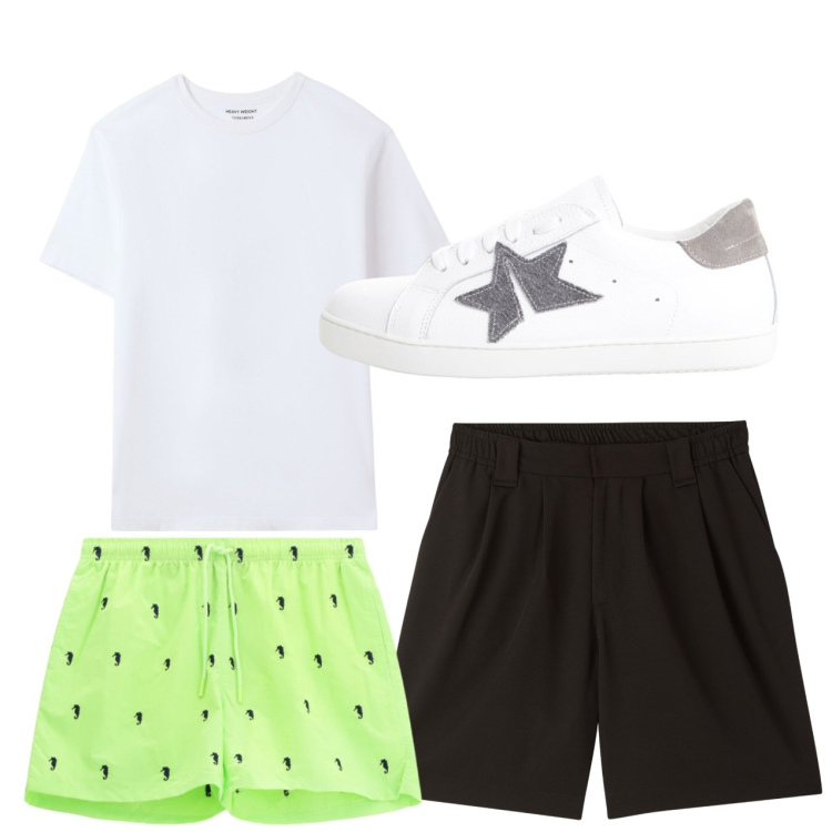 Outfit uomo - Total look #2236145. Stile Casual per Tutti i giorni. Abbinamento con t-shirt, pantaloni corti, sneakers, costumi.