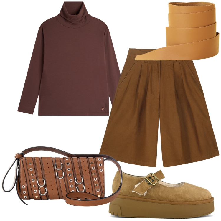 Outfit donna - Brown in montagna. Stile Basic per Tutti i giorni. Abbinamento con borse a spalla, cinture, felpe, décolleté, bermuda.