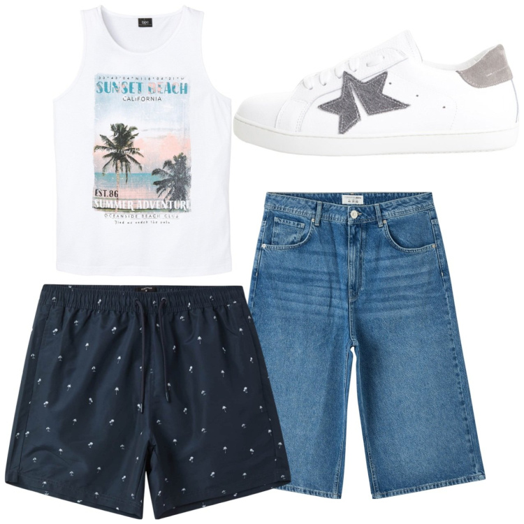 Outfit uomo - Total look #2236153. Stile Casual per Tutti i giorni. Abbinamento con canottiere, pantaloni corti, costumi, sneakers.