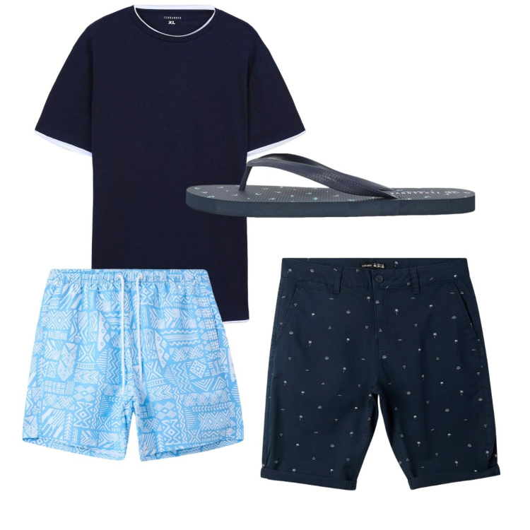 Outfit uomo - Total look #2236157. Stile Casual per Tutti i giorni. Abbinamento con pantaloni corti, sandali, costumi, t-shirt.