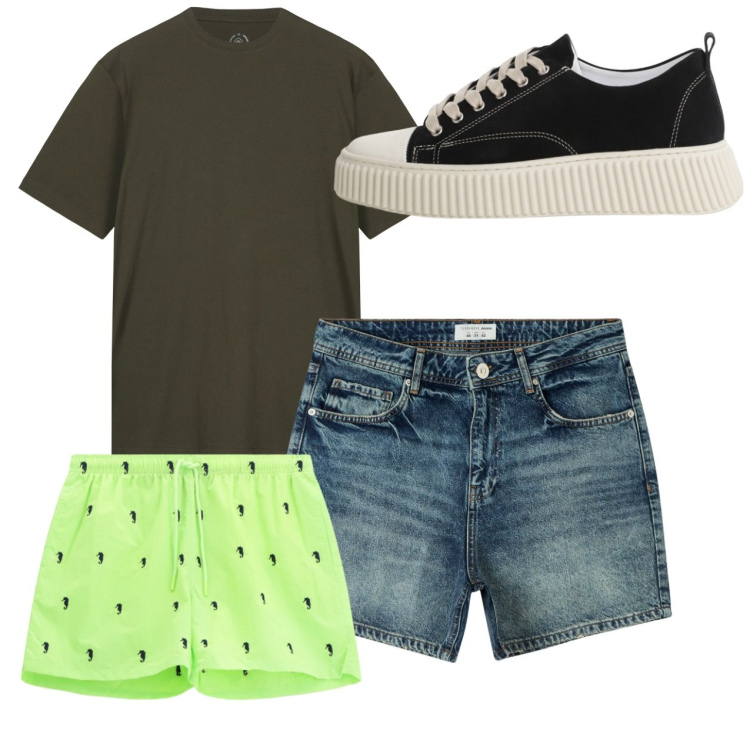 Outfit uomo - Total look #2236158. Stile Casual per Mare. Abbinamento con shorts, sneakers, costumi, t-shirt.
