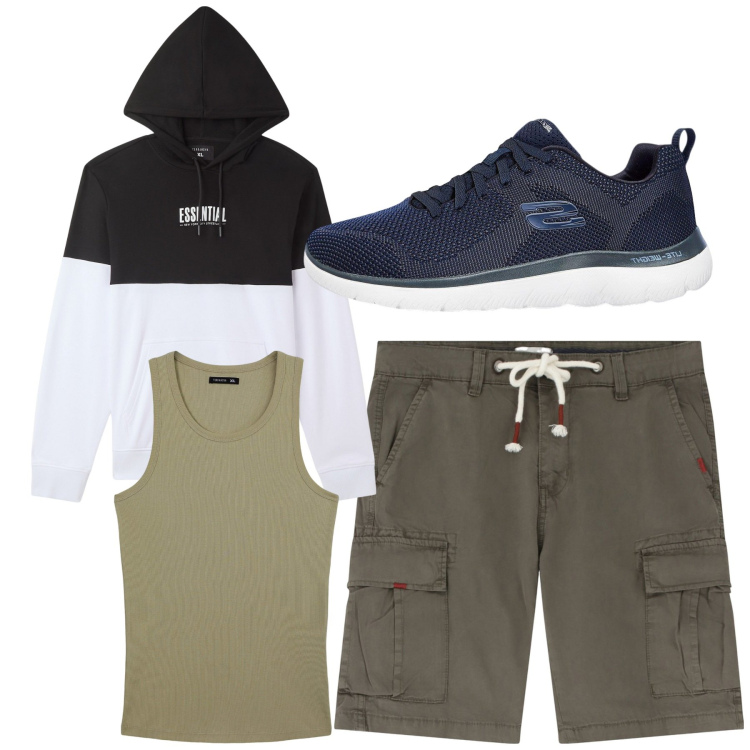 Outfit uomo - Total look #2236191. Stile Casual per Tutti i giorni. Abbinamento con sneakers, felpe con cappuccio, canottiere, bermuda.
