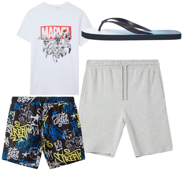 Outfit uomo - Total look #2236203. Stile Casual per Tutti i giorni. Abbinamento con t-shirt, costumi, sandali, bermuda.
