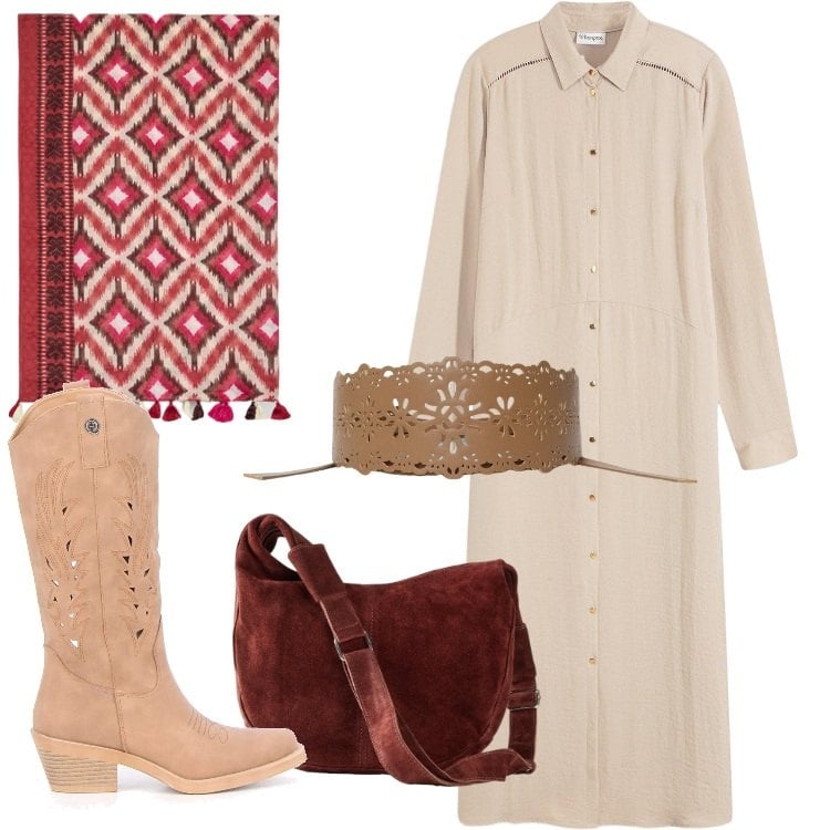 Outfit donna - Chemisier donna Curvy Style. Stile Trendy per Tutti i giorni. Abbinamento con vestiti chemisier, borse a mano, cinture, stivali, sciarpe.
