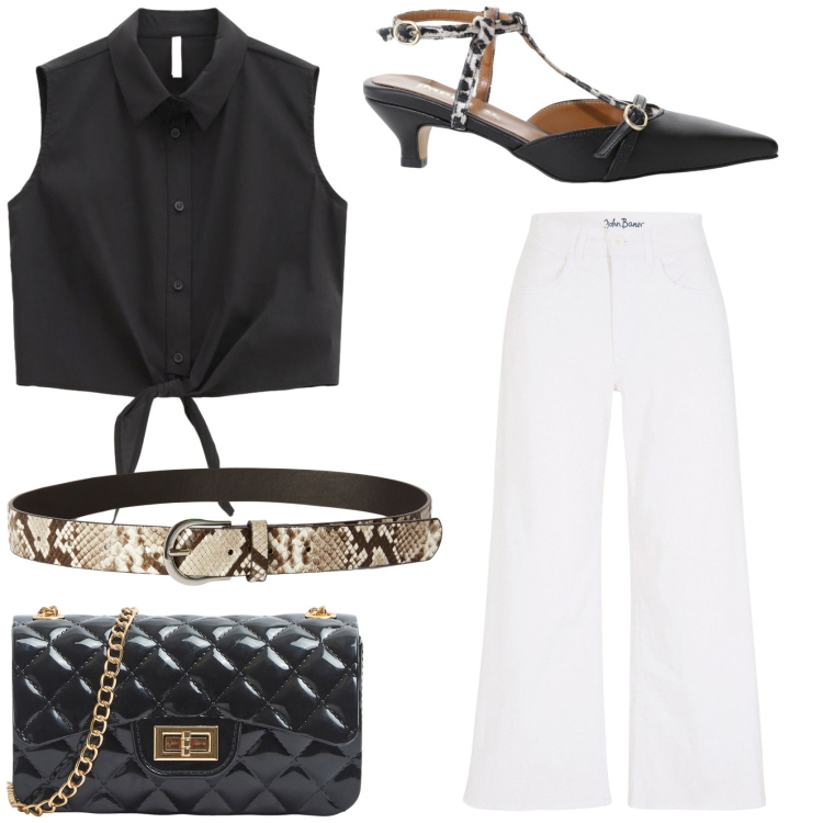 Outfit donna - Riunione in ufficio. Stile Chic per Ufficio. Abbinamento con jeans, cinture, borse a tracolla, décolleté, camicie.
