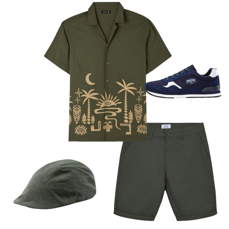 Outfit uomo - Total look city. Stile Casual per Tutti i giorni. Abbinamento con sneakers, camicie a manica corta, bermuda, cappelli con visiera.