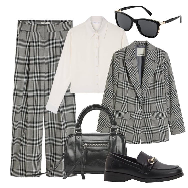 Outfit donna - Il completo principe di Galles. Stile Glamour per Ufficio. Abbinamento con blazer, pantaloni, mocassini, occhiali da sole, borse a mano, camicie.