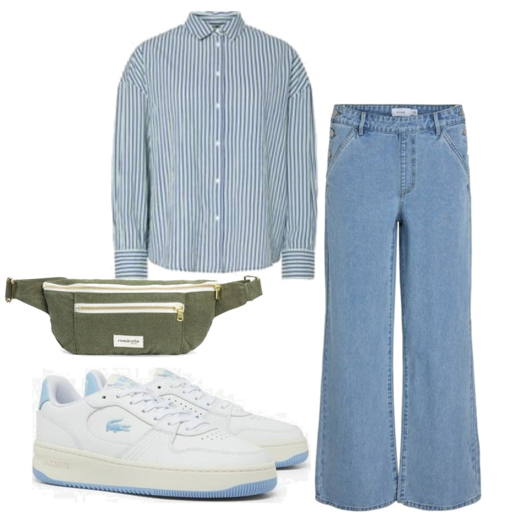 Outfit mujer - Casual #9677. Estilo Casual para Todos los días. Combinación con riñoneras, sneakers, vaqueros rectos, blusas.