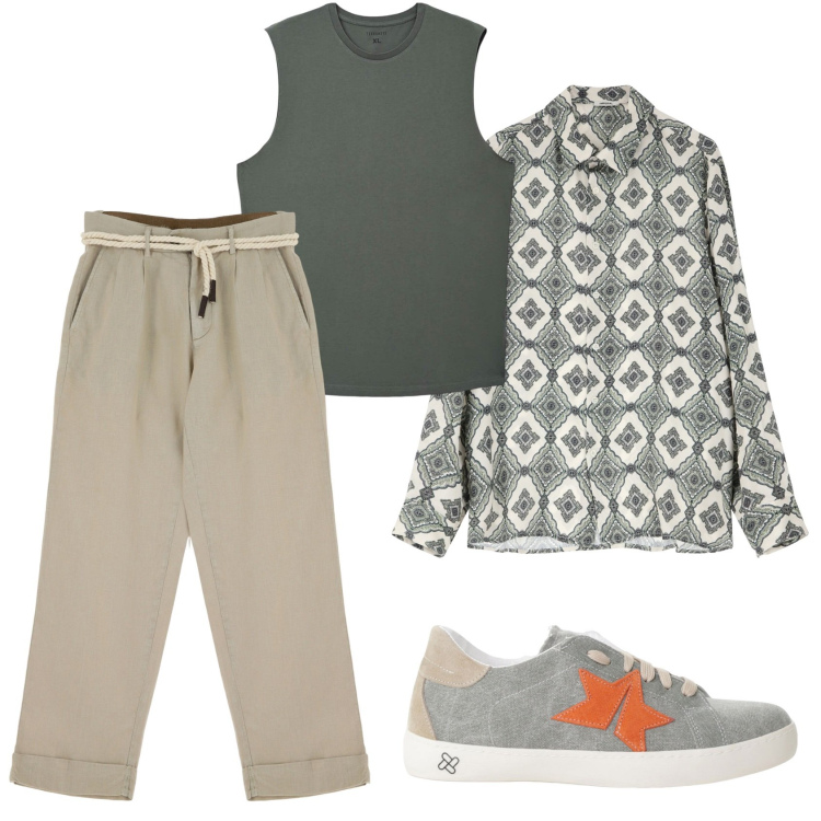 Outfit uomo - Canotta in città. Stile Urban per Tutti i giorni. Abbinamento con canottiere, camicie, pantaloni chino, sneakers.