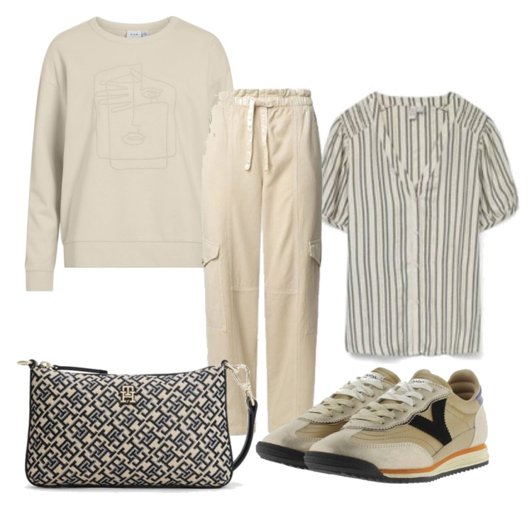 Outfit mujer - Casual #9676. Estilo Casual para Todos los días. Combinación con blusas, pantalones cargo, bolsos de mano, sneakers, sudaderas.