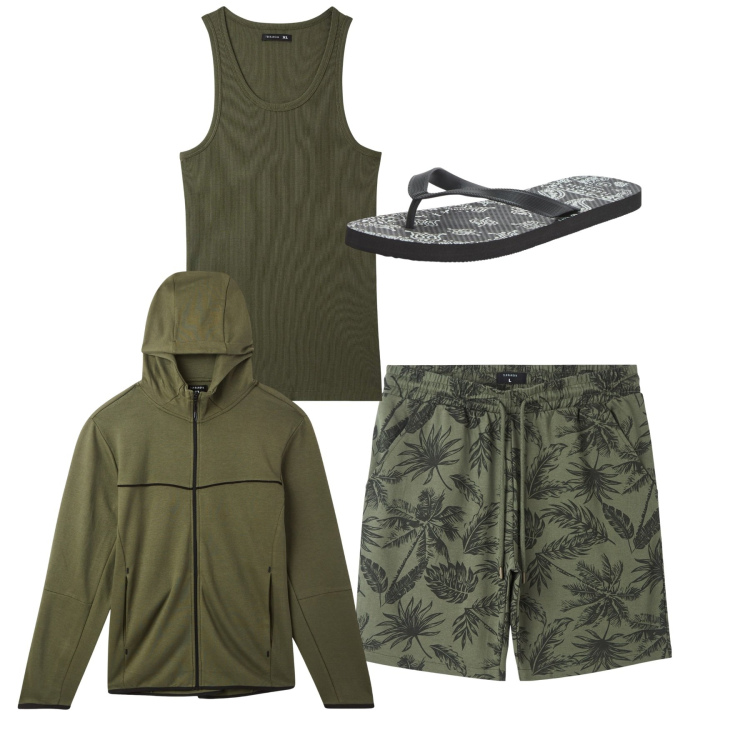 Outfit uomo - Total look #2236233. Stile Casual per Tutti i giorni. Abbinamento con bermuda, sandali, felpe con cappuccio, canottiere.