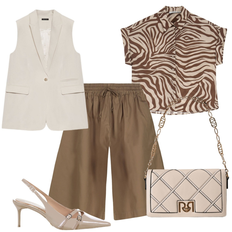 Outfit donna - Rientro in bermuda. Stile Casual chic per Ufficio. Abbinamento con décolleté, borse a tracolla, camicie a manica corta, bermuda, gilet.