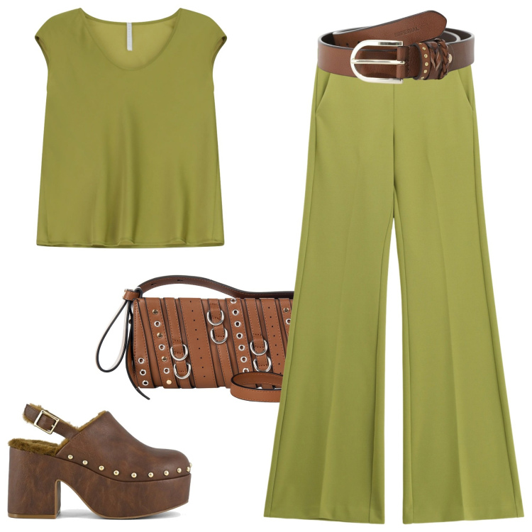 Outfit donna - Vintage 2025. Stile Vintage retrò per Tutti i giorni. Abbinamento con borse a spalla, pantaloni, top, cinture, sabot.