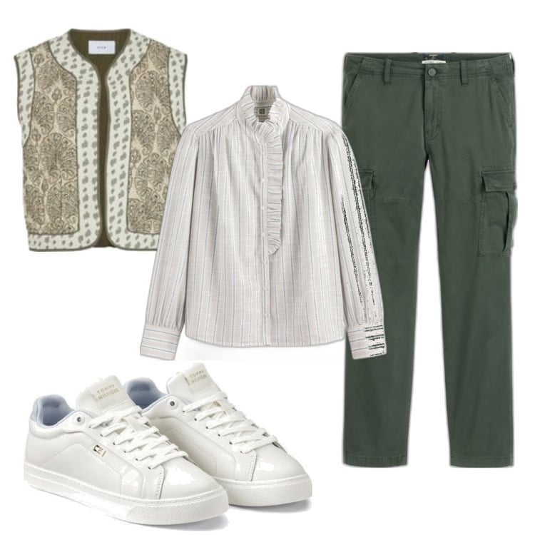 Outfit mujer - Boho #2330. Estilo Boho para Todos los días. Combinación con chalecos, pantalones cargo, camisas, sneakers.