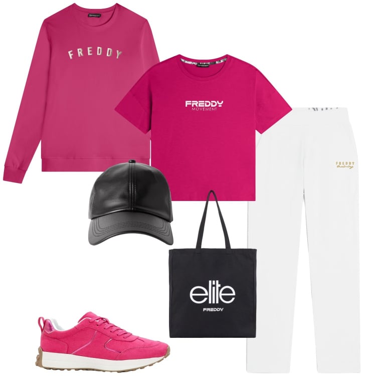 Outfit donna - Settembre. Stile Sporty chic per Scuola/Università. Abbinamento con sneakers, cappelli con visiera, pantaloni, felpe, t-shirt, shopping bag.