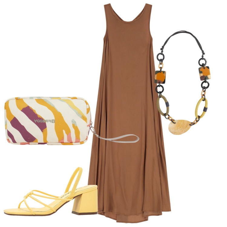Outfit donna - Fine agosto. Stile Glamour per Mare. Abbinamento con sandali col tacco, vestiti lunghi, valigie, collane.