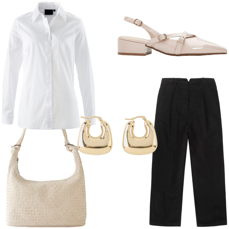 Outfit donna - Weekend rilassante. Stile Casual chic per Tutti i giorni. Abbinamento con camicie, orecchini, shopping bag, décolleté, pantaloni.